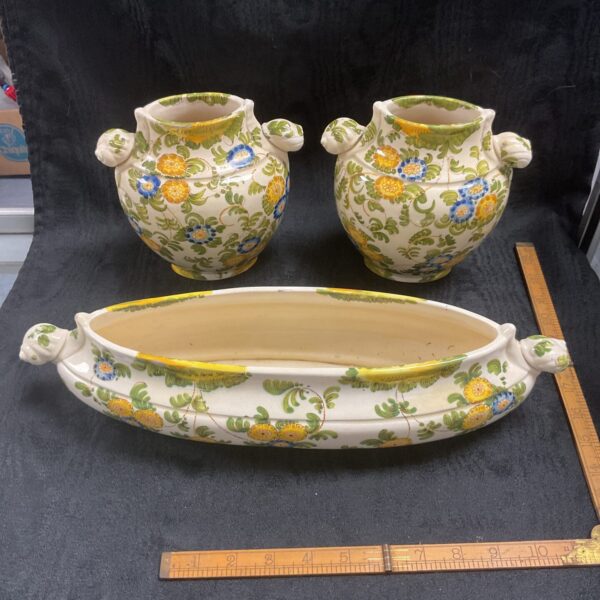 Two Majolica Vases and Trough Vase with snail handles in Cantagalli style Signed to base circa 1910