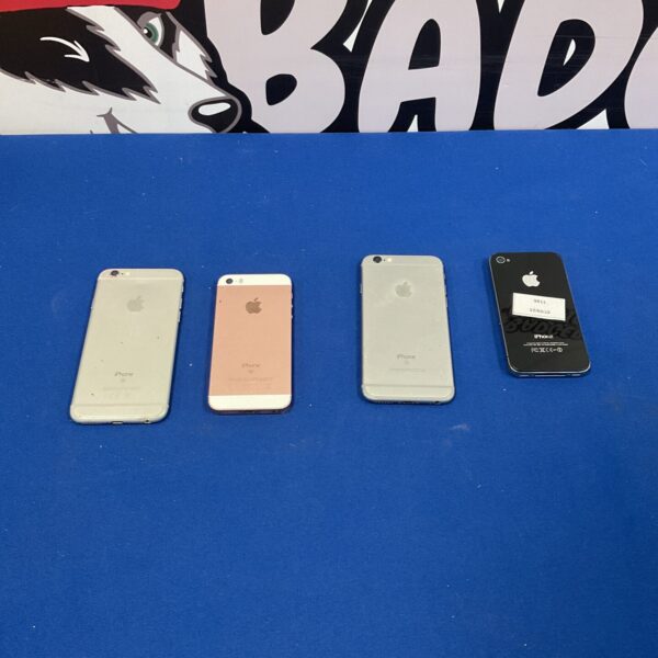Four Apple iPhones displayed against a patterned background.