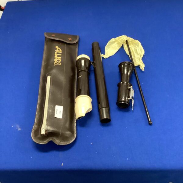 Vintage Aulos recorder with case, a classic woodwind instrument.