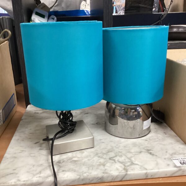 Two touch activated table lamps with blue shades