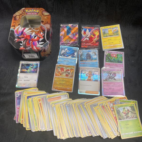 Collection of Pokemon cards in tin