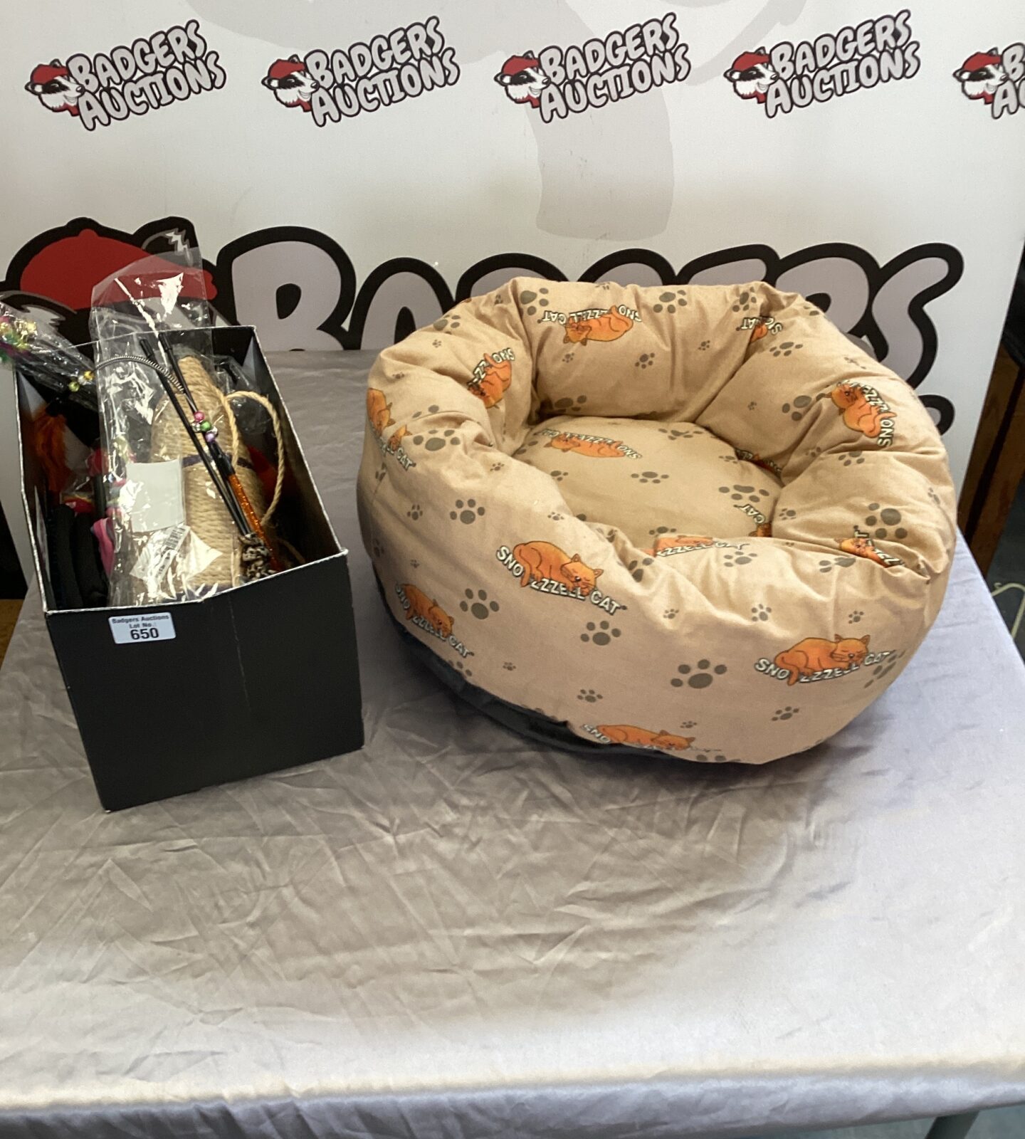 Cat bed with box of cat toys & cat scratching post