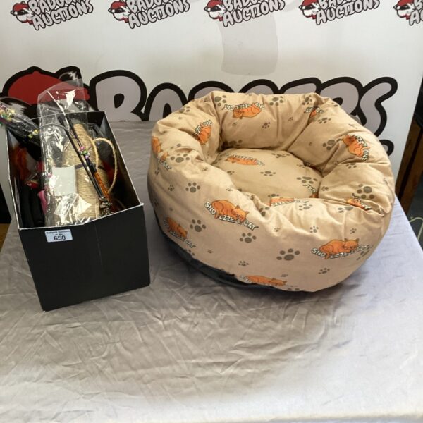 Cat bed with box of cat toys & cat scratching post