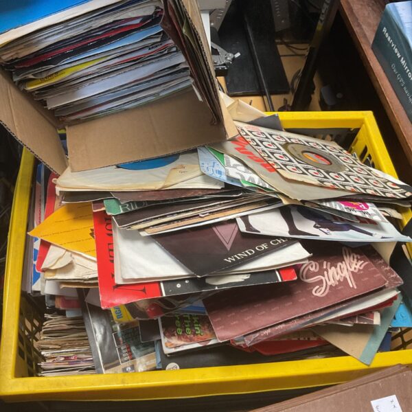 Crate and box of 7” 80’s singles records