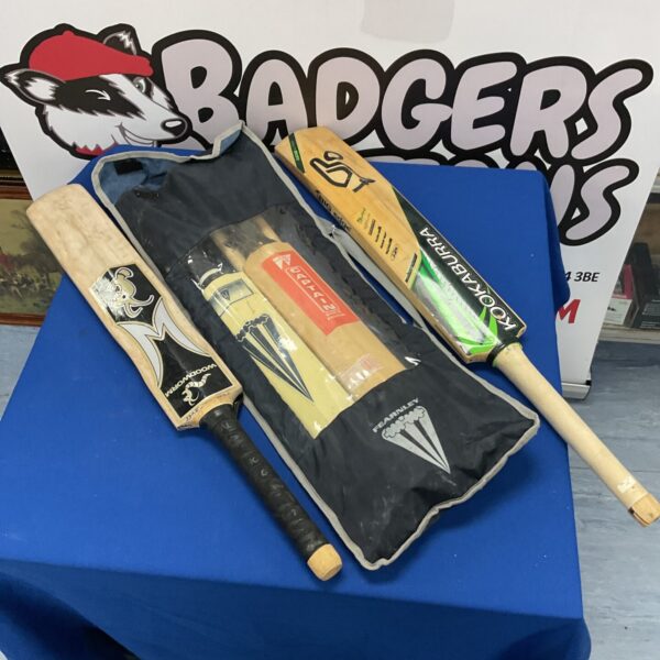 Bundle of cricket bats, including kookaburra and woodworm