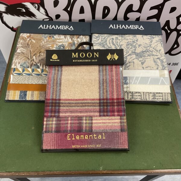 Vintage Moon Alhambra fabric sample book with wool swatches.