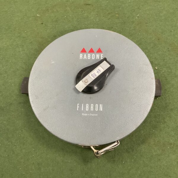 Vintage Rabone Fibron 30m tape measure, classic surveying tool.