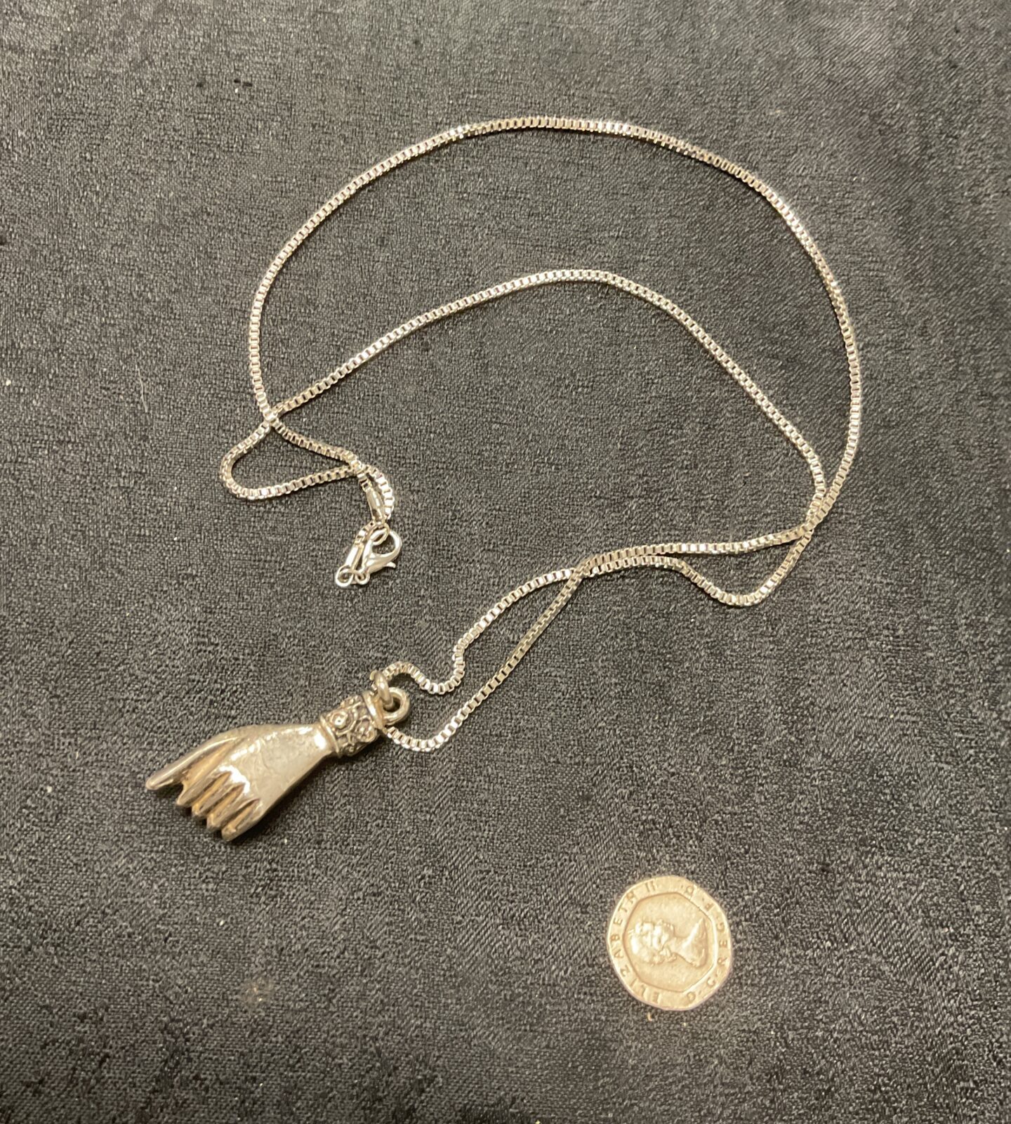 Victorian spiritual hand pendant on long chain 74 cm long