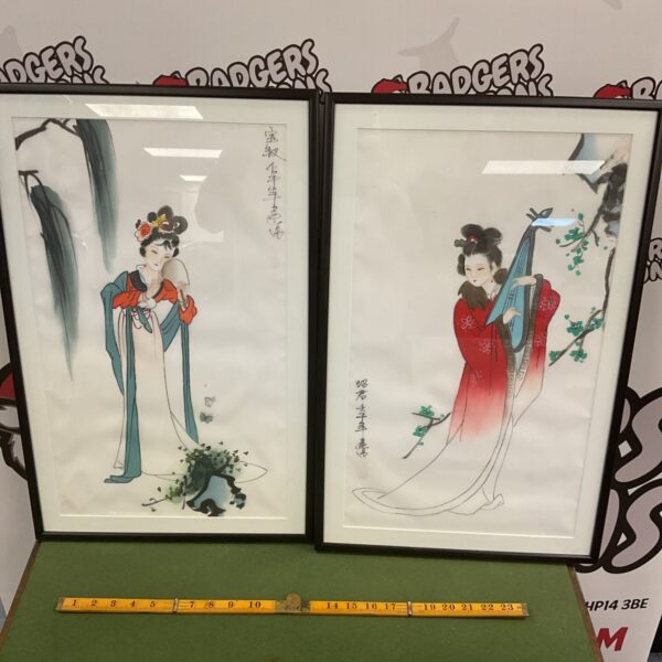 Vintage Japanese silk paintings of geisha girls, elegant wall art.