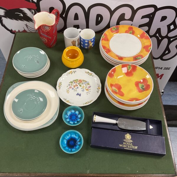 Vintage mixed china tray with Royal Doulton and Churchill pieces.