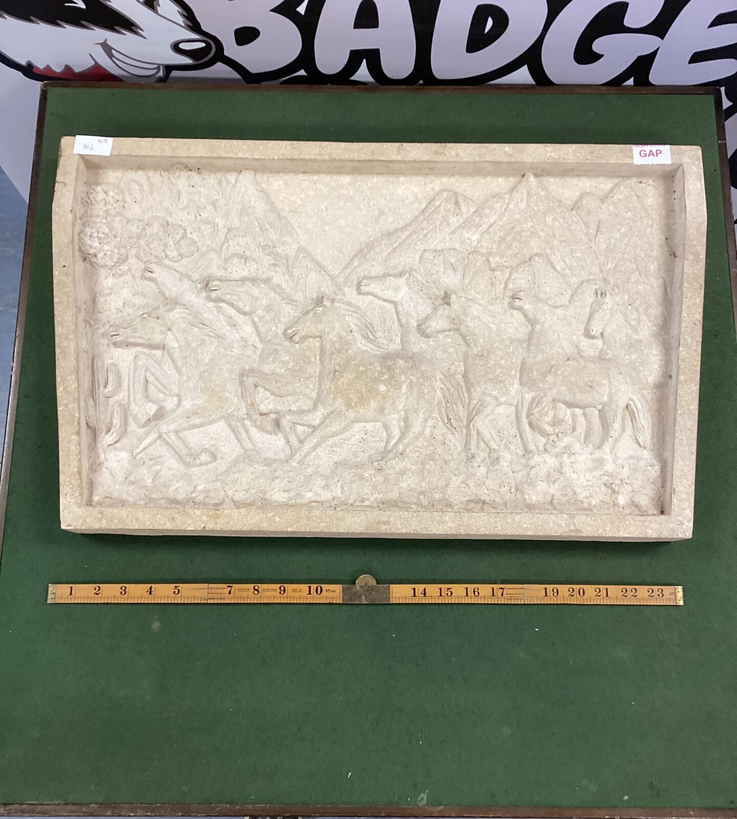 Carved Stone plaque of the rocky mountains with american mustang horses