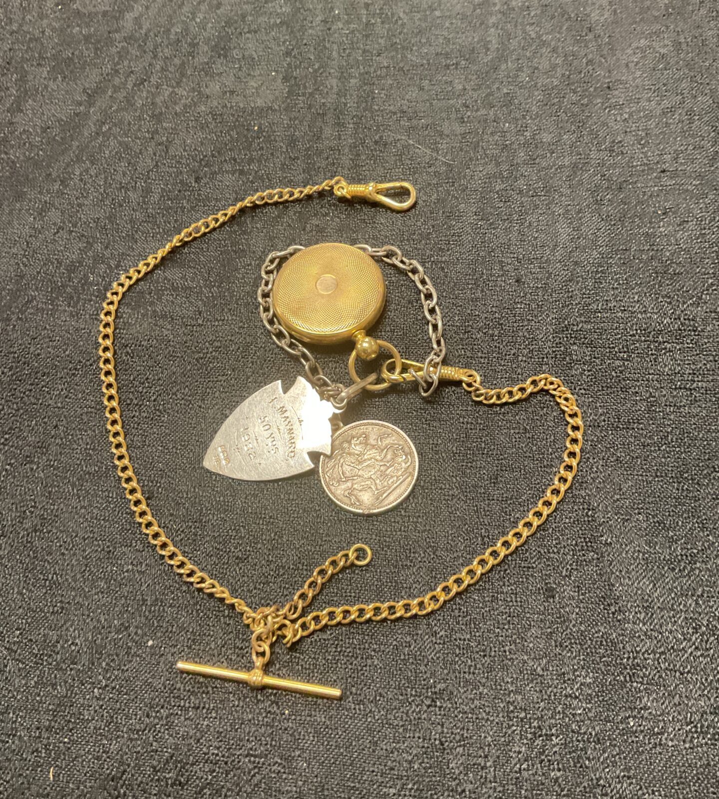 Antique rolled gold fob chain with silver hallmark medal Birmingham 1931 Lockett and George the fifth coin