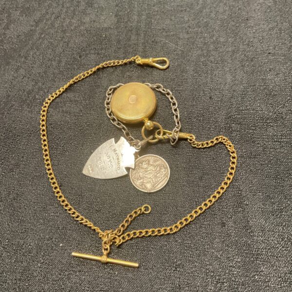 Antique rolled gold fob chain with silver hallmark medal Birmingham 1931 Lockett and George the fifth coin
