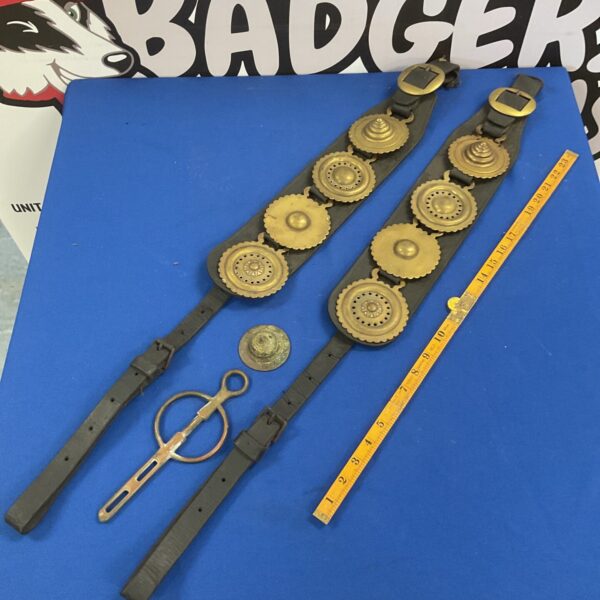 Two vintage leather Martingales and Vintage Horse brasses