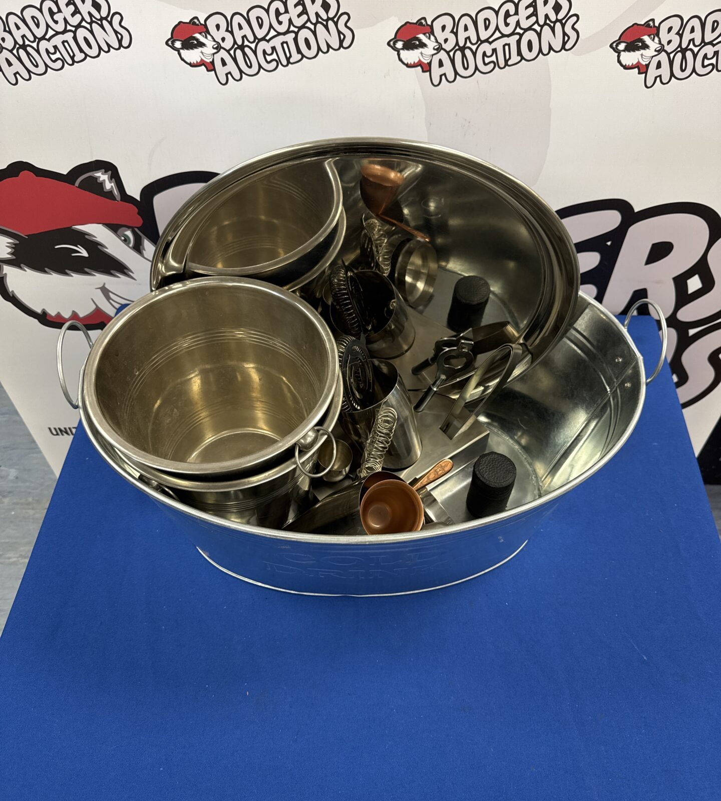 Large cold drinks bucket with ice buckets, cocktail making sets & serving tray