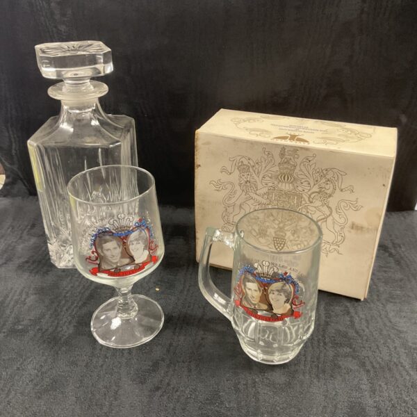 Charles and Diana commemorative glassware set with crystal decanter.