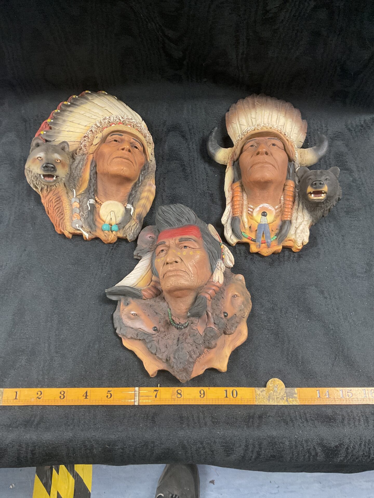 Three Native American Indian Wall Plaques Bear Claw, Wolf Call And Autumn Wind by Neil j Rose, made by J H Boone Usa