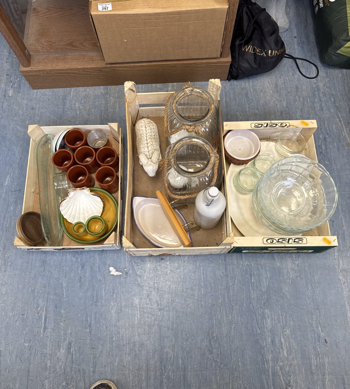 Three trays of mixed items inc ramekins, studio pottery ram & others