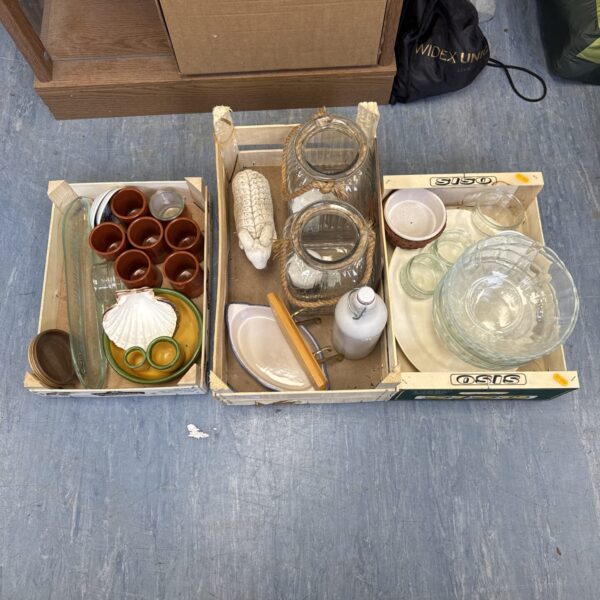 Three trays of mixed items inc ramekins, studio pottery ram & others