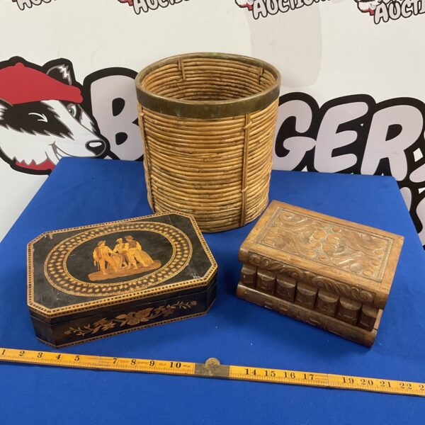 Vintage marquetry box, Natal puzzle box, and bamboo bin collection.
