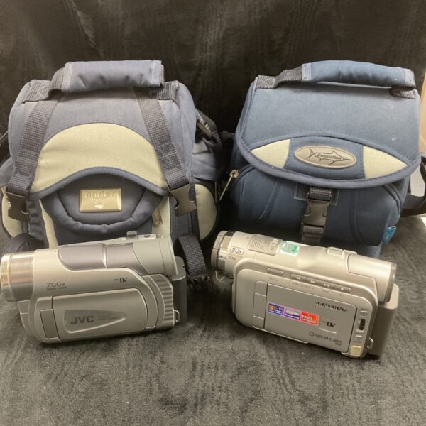 JVC and Samsung digital camcorders in bags with accessories