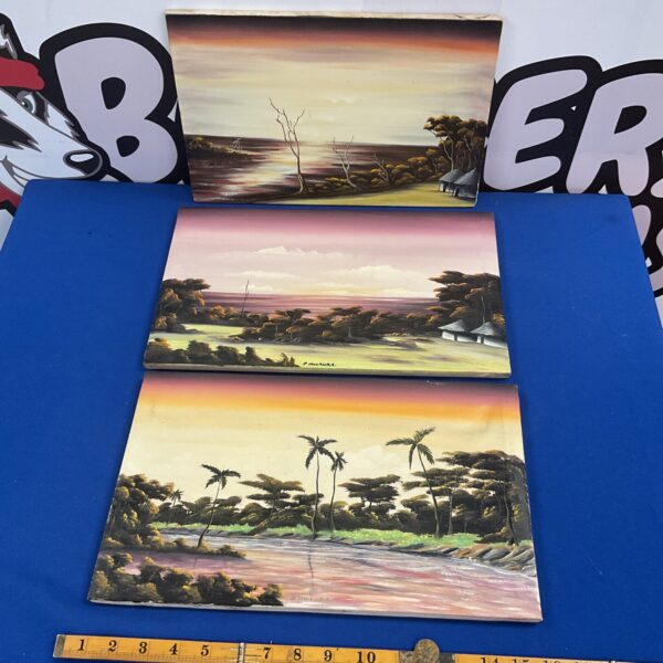 Three African oil paintings of African Evening landscapes signed P Mwaura
