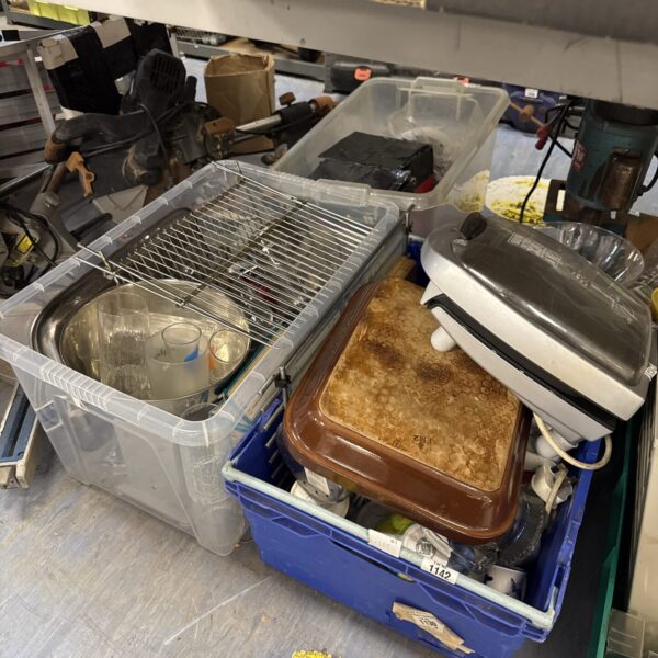 Kitchen clearance lot with crates and a George Foreman grill.