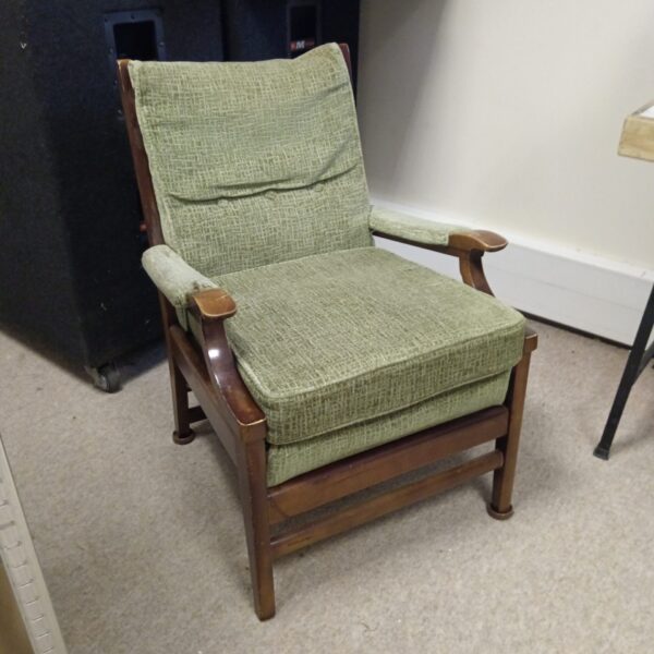 Green mid-century armchair with wood frame.