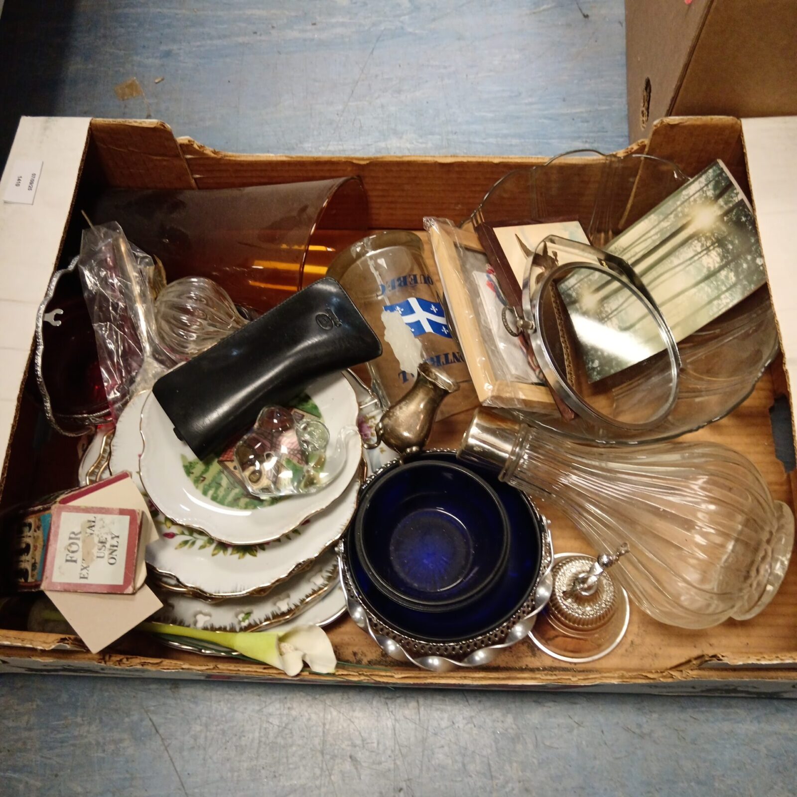 Mixed lot of vintage china and glassware with silver plate.