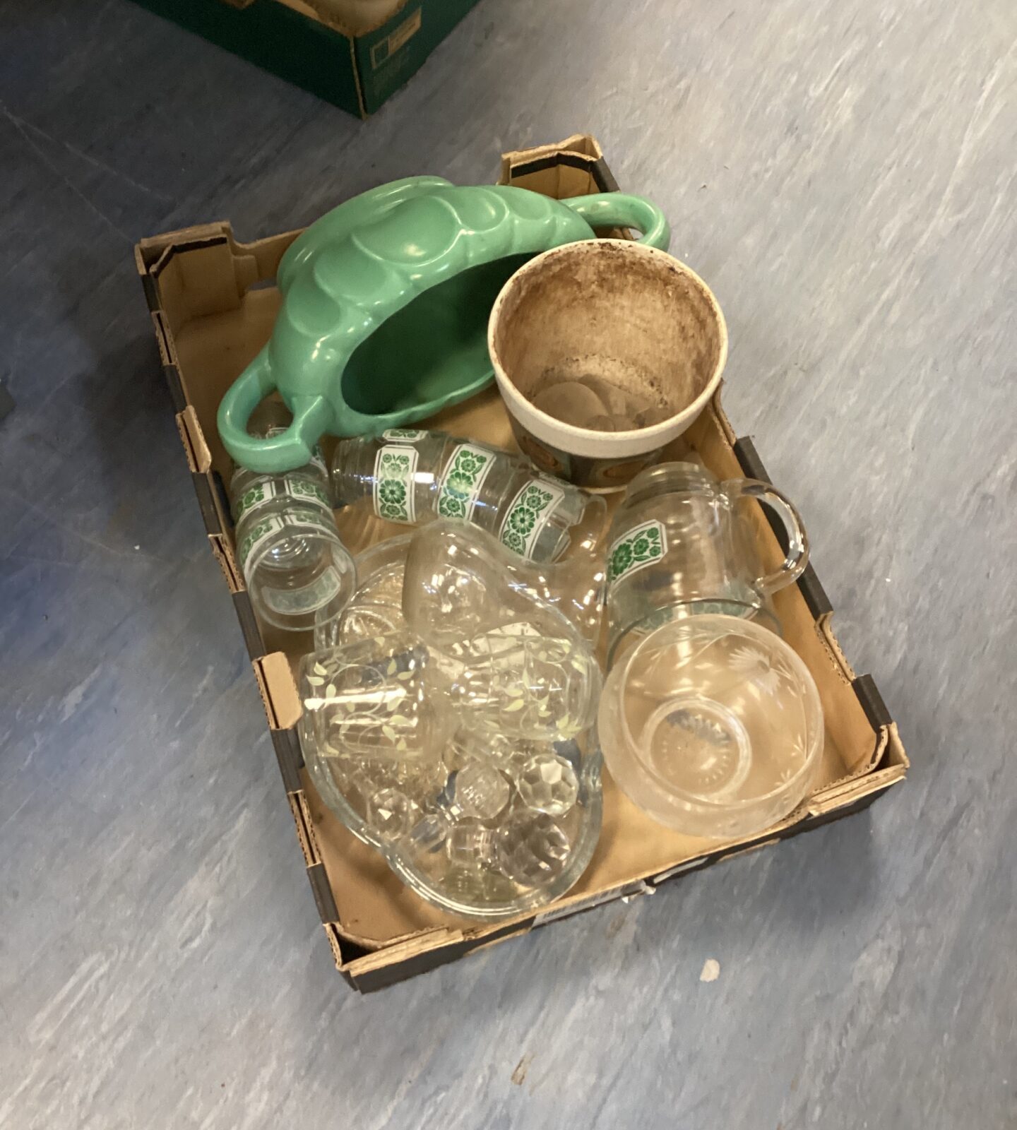 Vintage mixed glassware and stoneware vase lot for collectors.