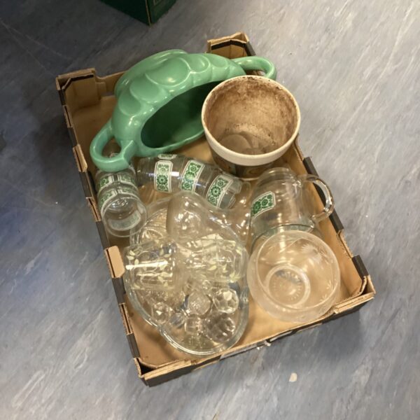 Vintage mixed glassware and stoneware vase lot for collectors.