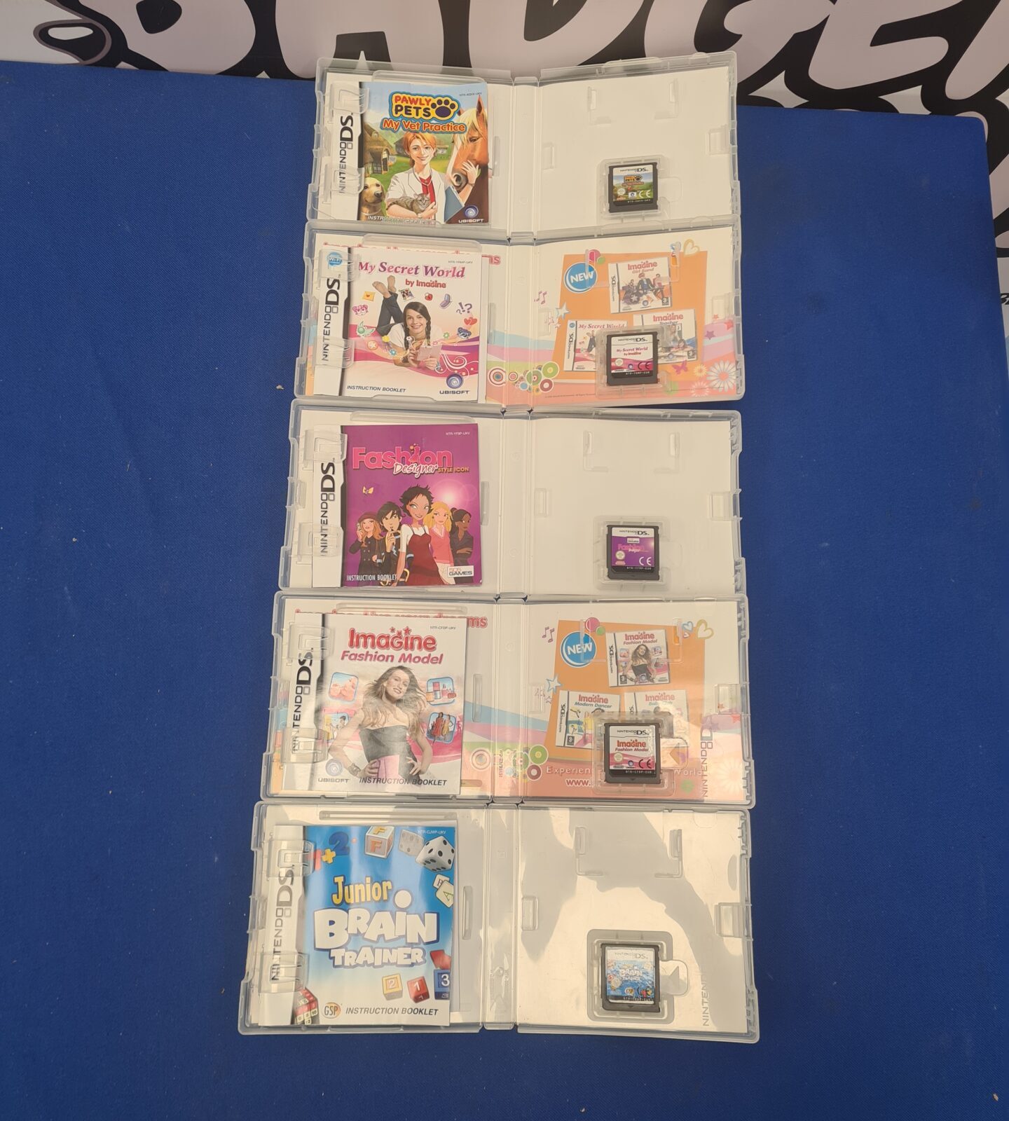 Close-up of Nintendo DS game covers including Pawly Pets and My Secret World.