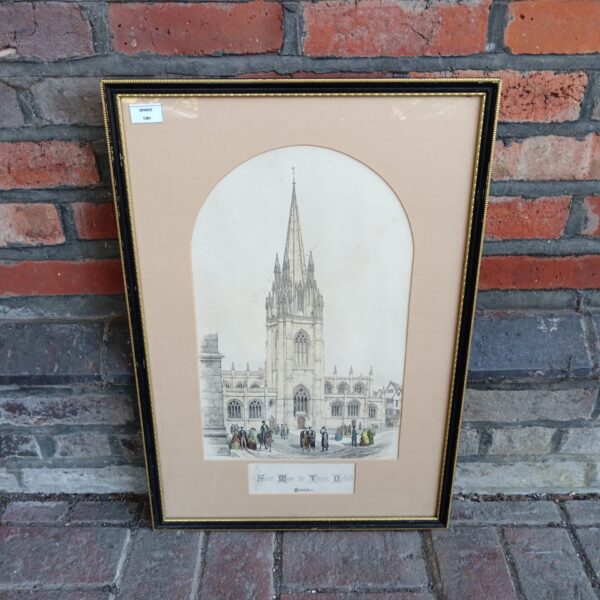 Hand coloured 19th century lithograph of St Mary the Virgin, Oxford.