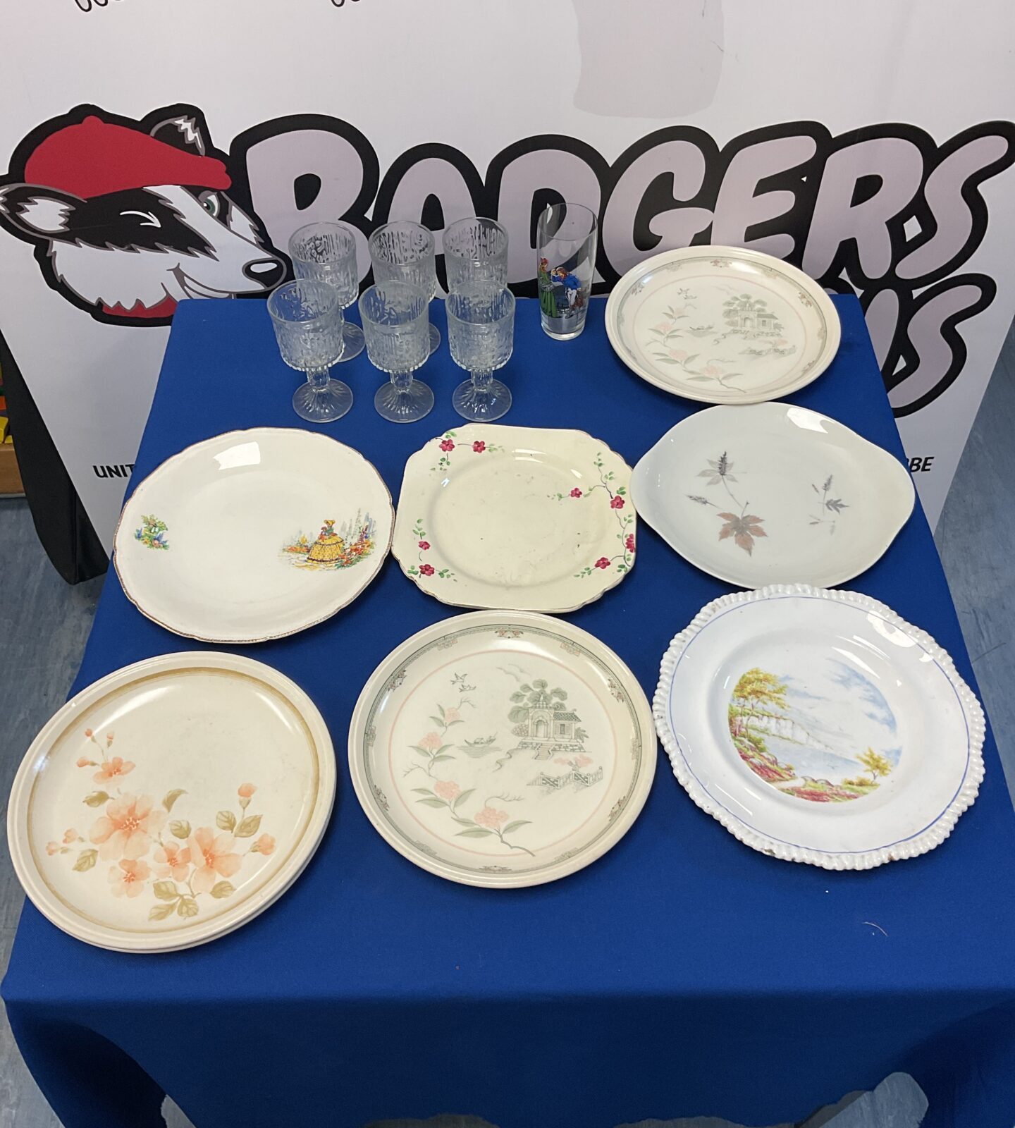 Vintage china and glassware collection featuring Biltons and Staffordshire pieces.