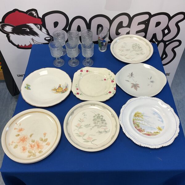 Vintage china and glassware collection featuring Biltons and Staffordshire pieces.
