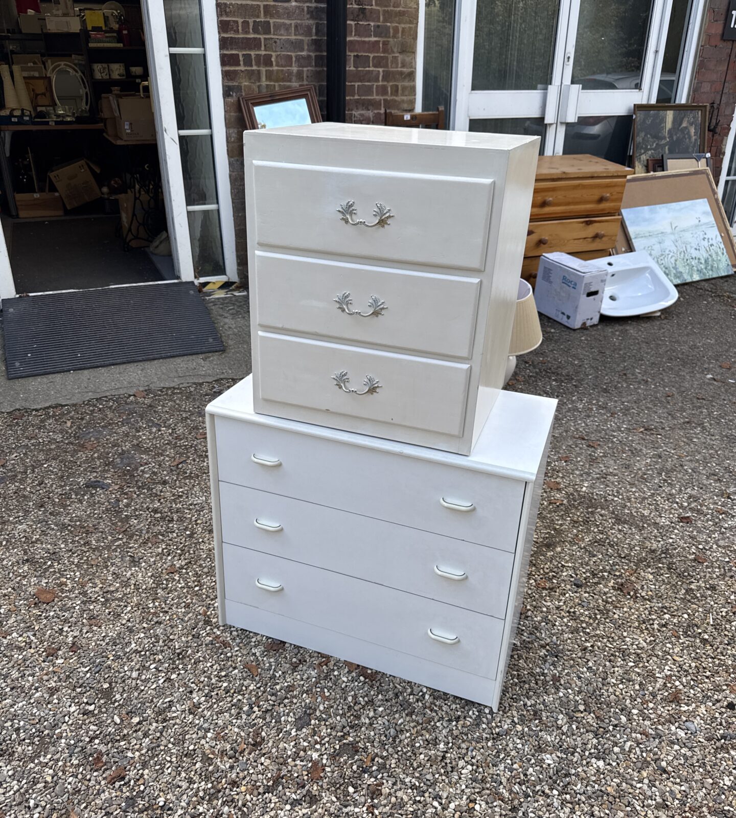 Pair of three-drawer bedside cabinets in vintage and modern styles.