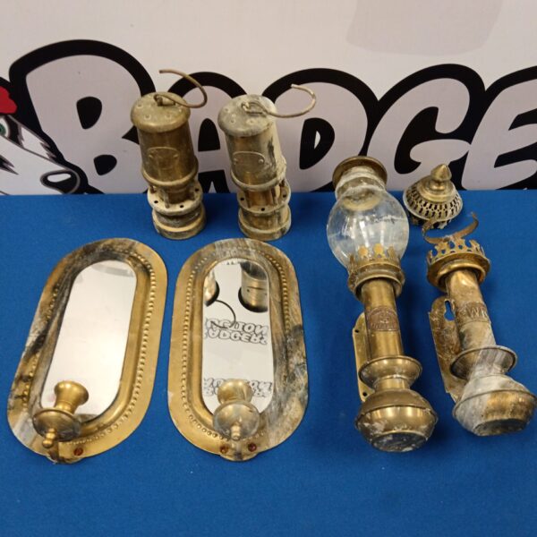 Vintage wall sconces and lamps lot, including brass and miners lamps.
