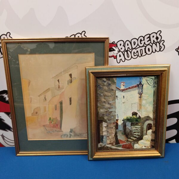 Signed Ibiza oil painting depicting a charming coastal street scene.