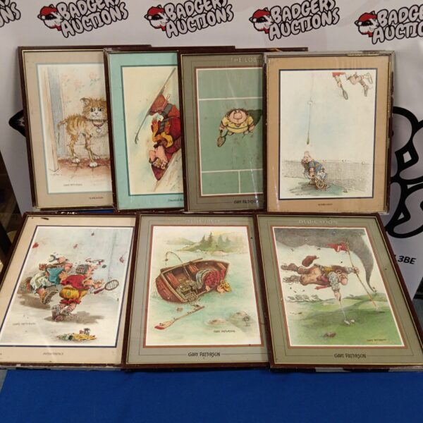 Set of seven vintage Gary Paterson comical sporting prints and a cat.