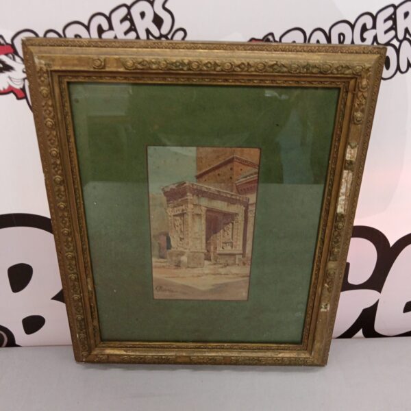Antique watercolour painting of Egyptian ruins in a gilt frame.