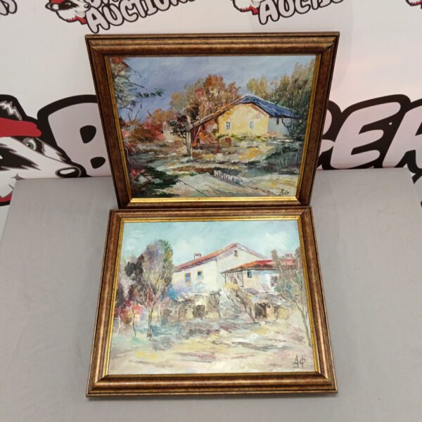 Pair of signed oil paintings featuring colourful houses in landscapes.