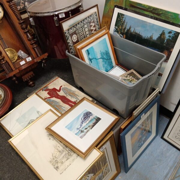 Large lot of assorted framed prints and artwork for home decor.