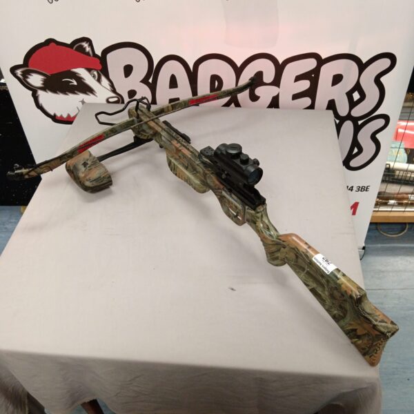 Camouflaged Armex Jaguar crossbow with scope for hunting and target practice.