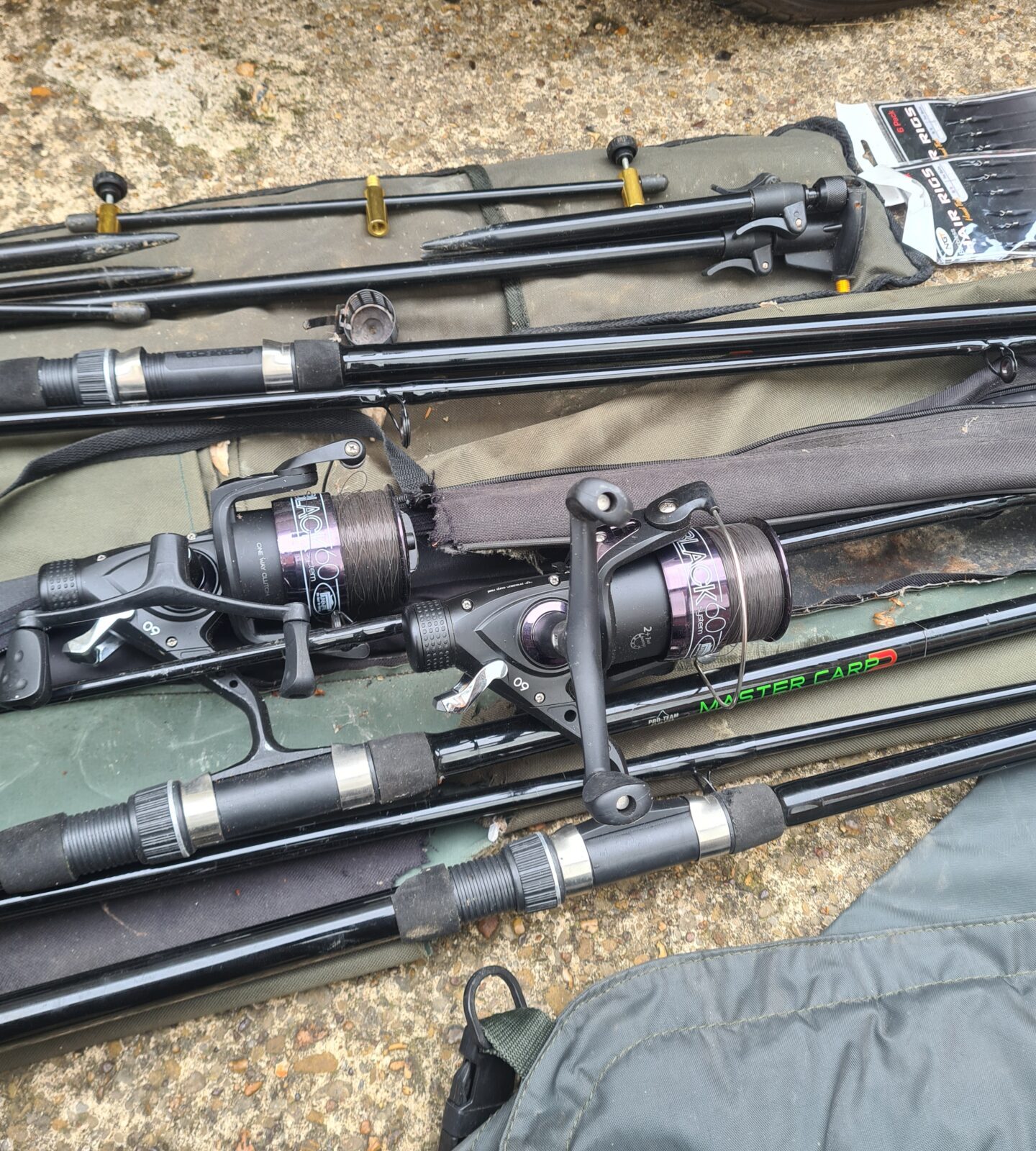 Bundle of fishing items inc master carp 2 rods and 2 packs of hair rigs ...