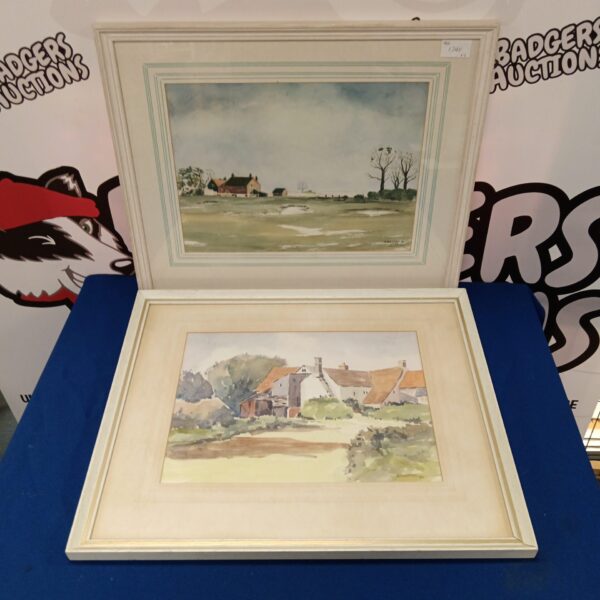 Pair of A beaton after frank wilding framed watercolour of country scene with farm buildings