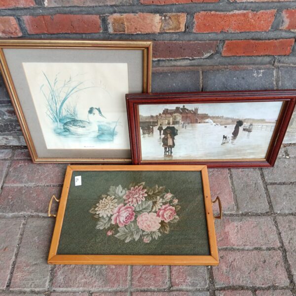 Two framed prints & embroidery oak serving tray