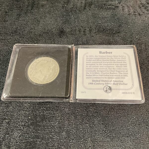 Obverse of an 1891 Barber Silver Half Dollar coin.