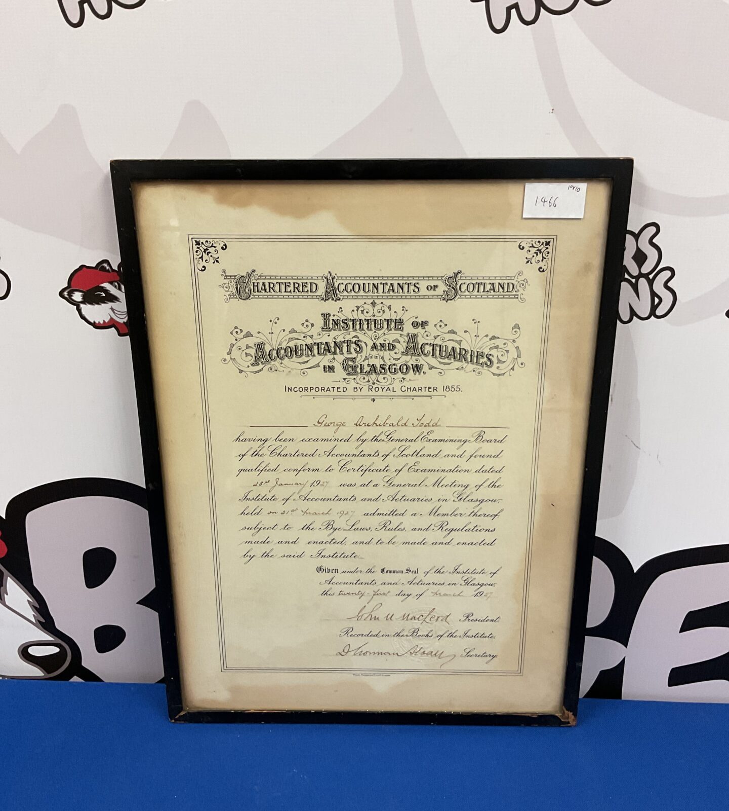 Vintage 1927 Chartered Accountants certificate from Glasgow Institute.