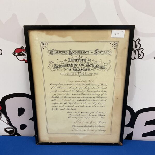 Vintage 1927 Chartered Accountants certificate from Glasgow Institute.