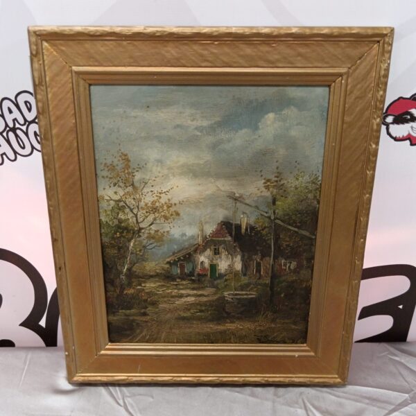 19th-century oil painting of a country cottage and well.